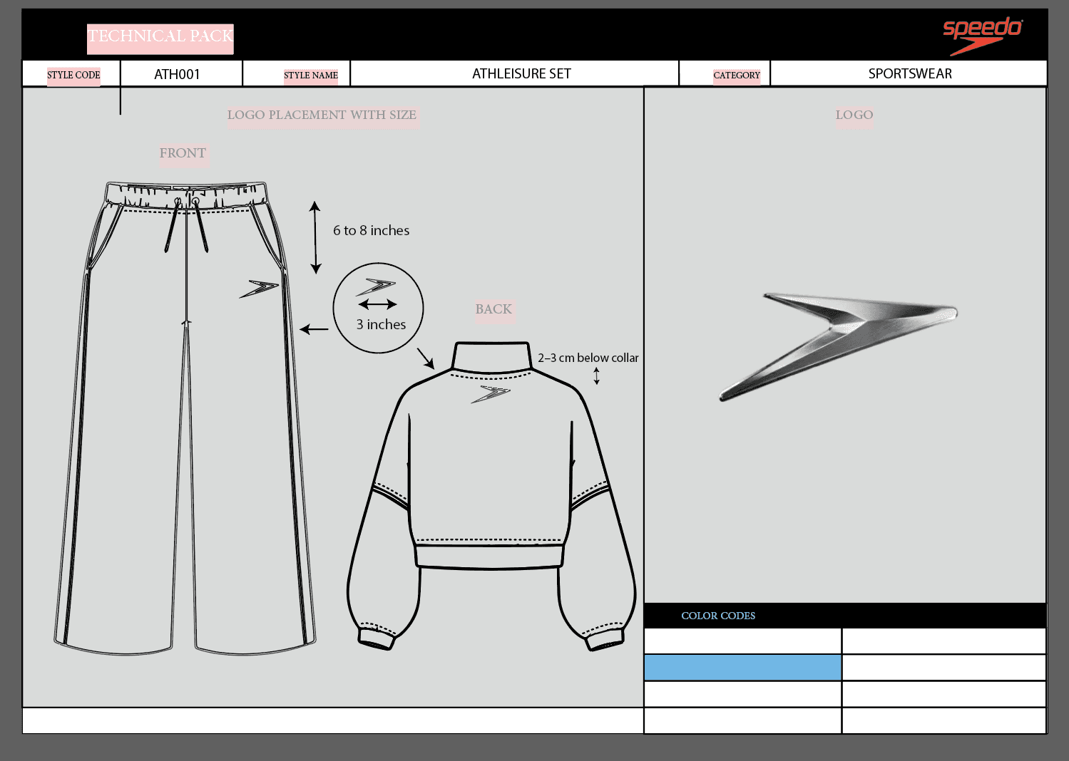 Speedo athleisure logo placement technical sheet