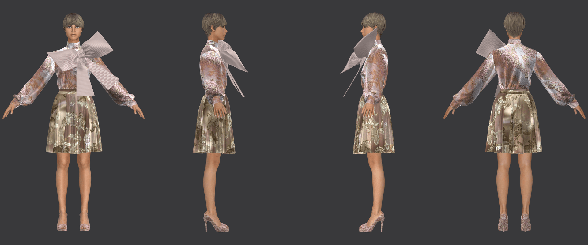 Printed blouse and skirt CLO 3D multi-angle render
