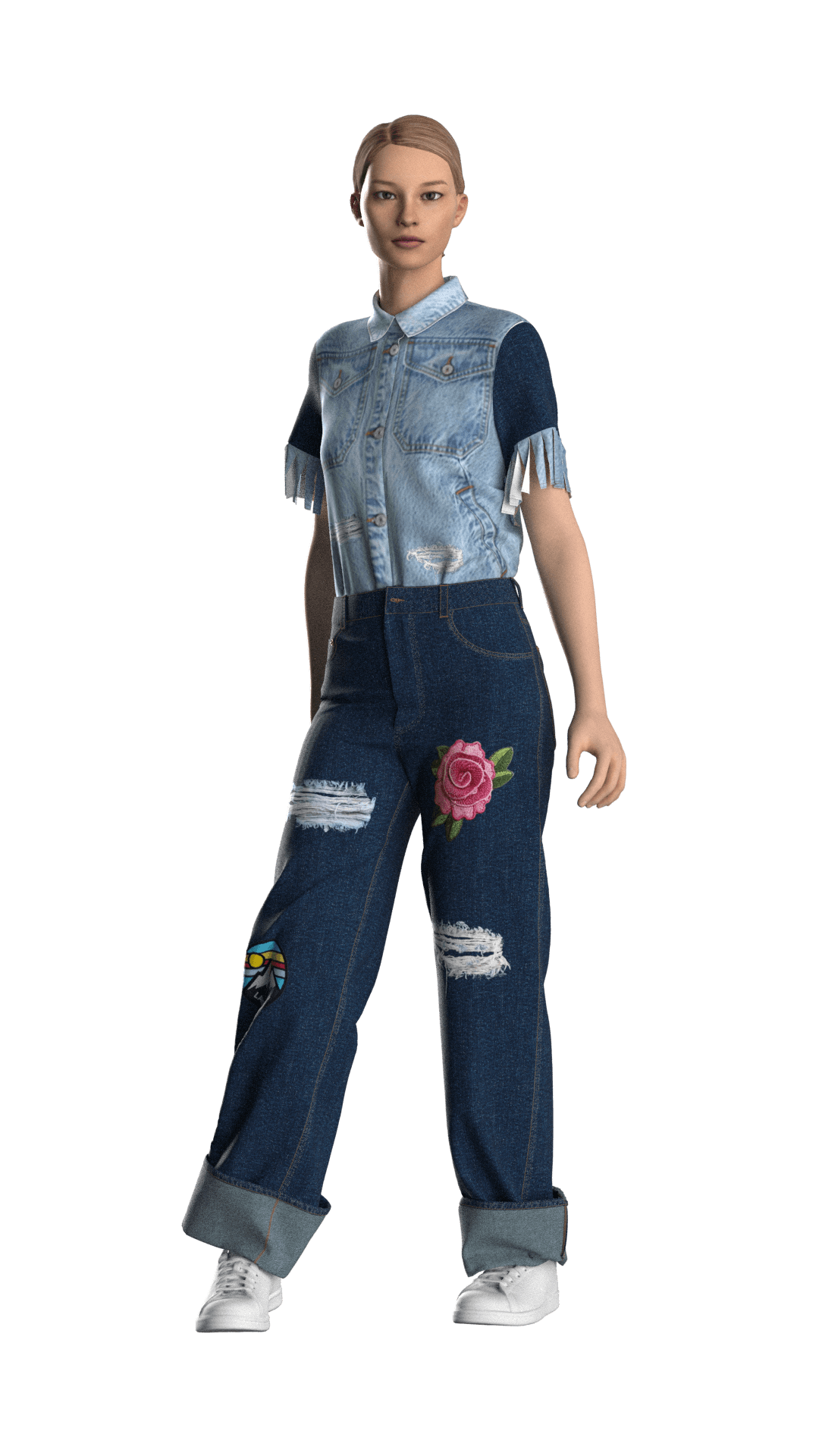 Denim fashion look CLO 3D render with patched jeans