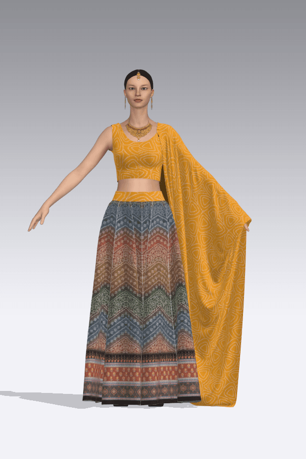Yellow lehenga CLO 3D render with printed skirt and dupatta
